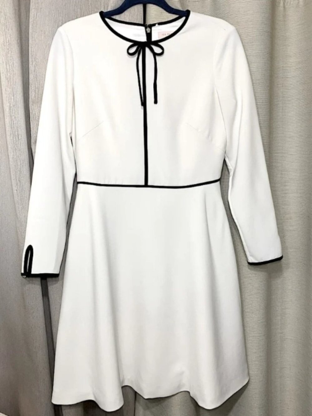 Ted Baker Dress White Black Tie Neck Long Sleeve Pocket Classic Minimalist 3/M